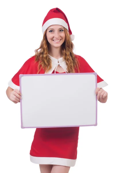 Kırmızı Noel Baba kostümlü, boş tahtası olan genç bir kadın. — Stok fotoğraf