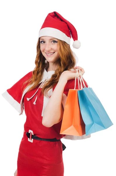 Jovem mulher no vermelho santa traje no branco — Fotografia de Stock