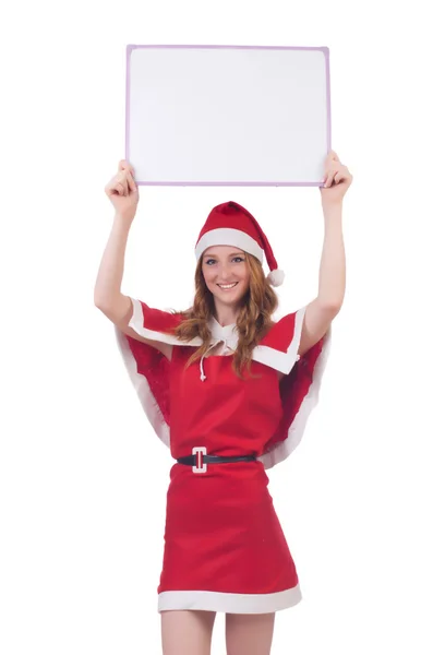 Kırmızı Noel Baba kostümlü, boş tahtası olan genç bir kadın. — Stok fotoğraf