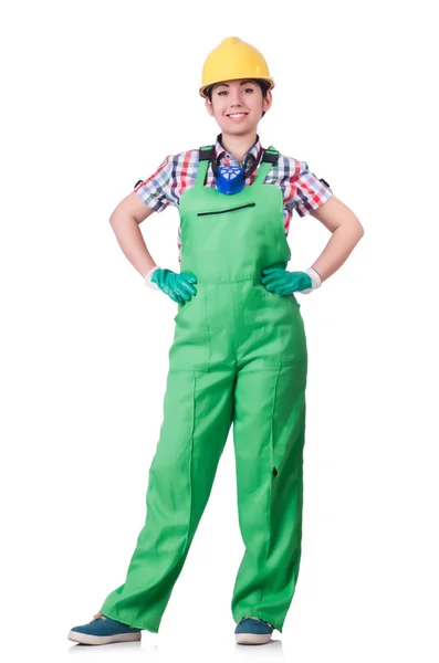 Junge Frau in grünen Overalls — Stockfoto