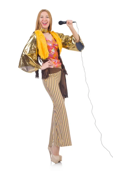 Woman in spanish clothing with mic — Stock Photo, Image