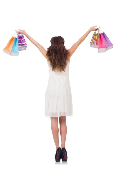 Flicka efter bra shopping på vitt — Stockfoto
