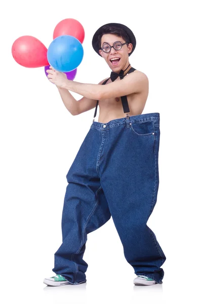 Hombre divertido con globos en blanco —  Fotos de Stock
