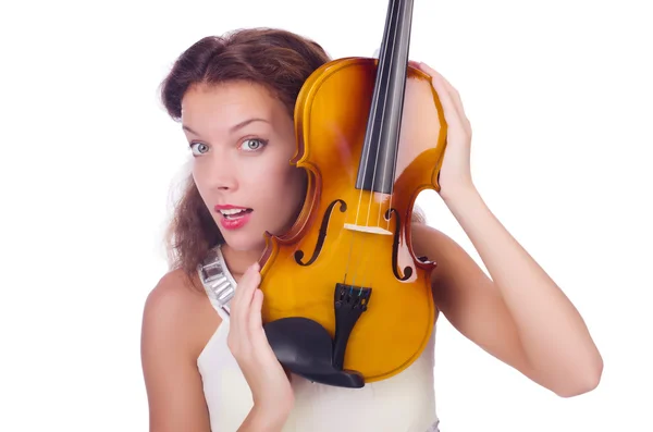 Jovem com violino no branco — Fotografia de Stock