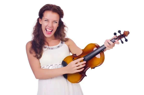 Giovane ragazza con violino su bianco — Foto Stock