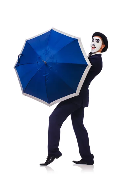 Grappige man met paraplu op wit — Stockfoto
