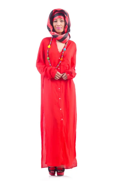 Frau in rotem Tuch auf weißem Grund — Stockfoto