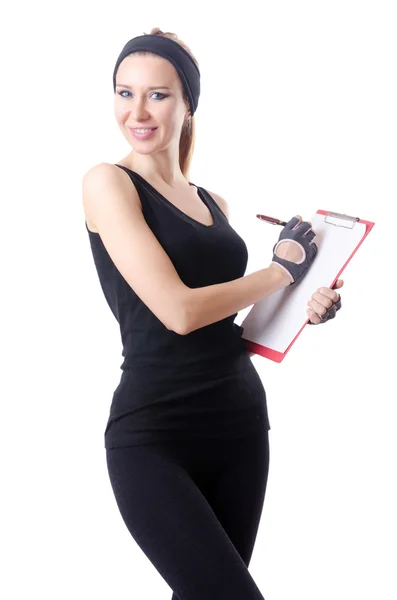 Mujer joven con bloc de notas escrito en blanco — Foto de Stock