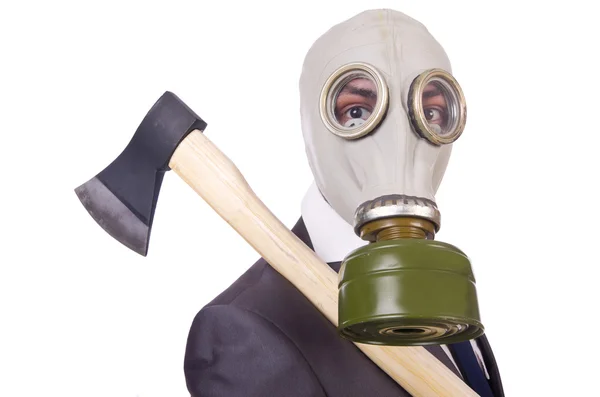 Businessman wearing gas mask isolated on white — Stock Photo, Image