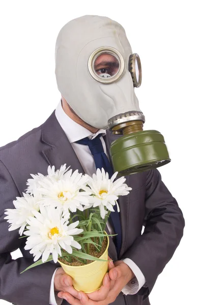 Empresário usando máscara de gás isolado no branco — Fotografia de Stock