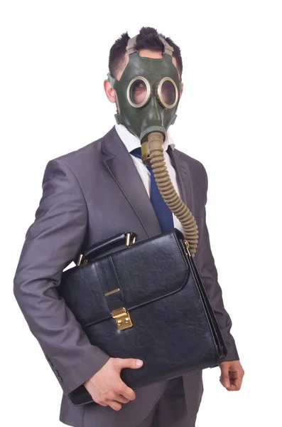 Businessman wearing gas mask isolated on white — Stock Photo, Image