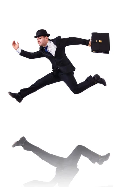 Funny businessman jumping on white — Stock Photo, Image