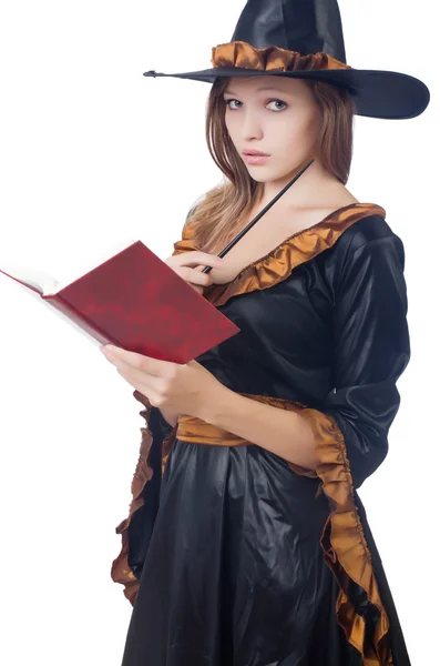 Bruxa com varinha e livro isolado em branco — Fotografia de Stock
