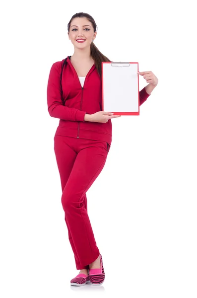 Young woman with notepad writing on white — Stock Photo, Image