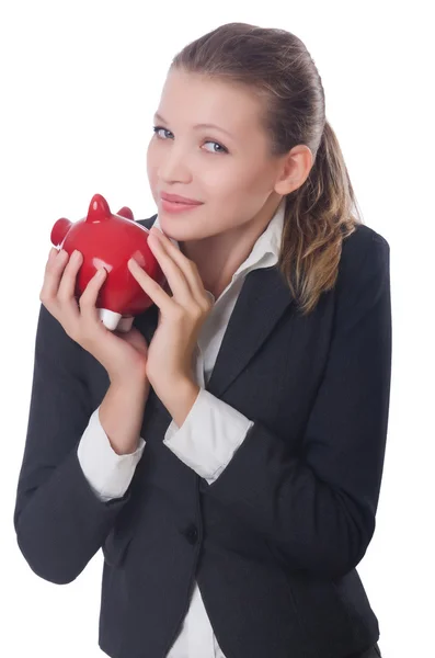 Femme d'affaires avec tirelire sur blanc — Photo