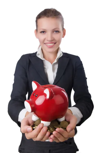 Mujer mujer de negocios con piggybank en blanco — Foto de Stock