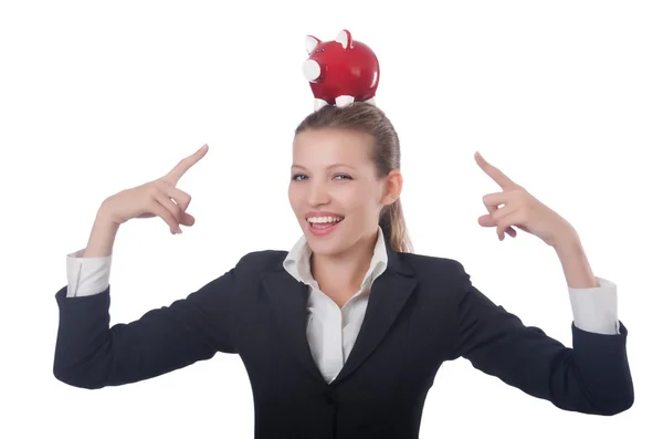 Woman businesswoman with piggybank on white — Stock Photo, Image