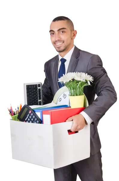 Man being fired with box of personal stuff — Stock Photo, Image