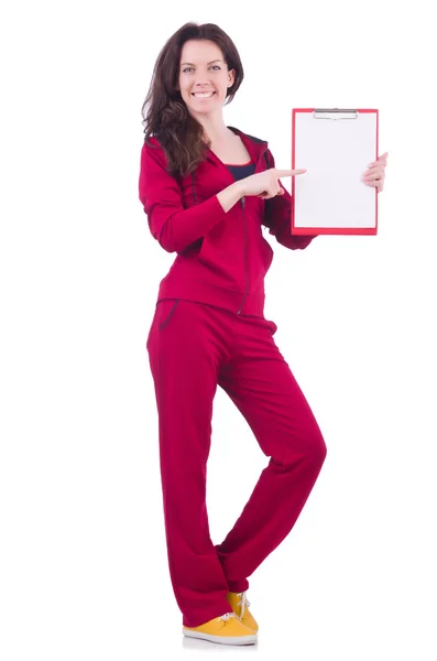 Young woman with notepad on white — Stock Photo, Image