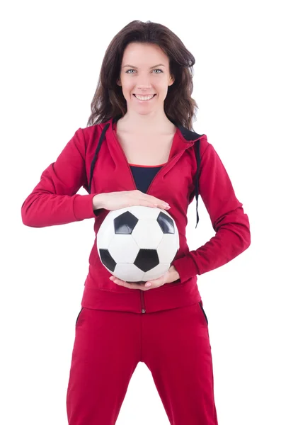 Ung kvinna med fotboll på vitt — Stockfoto