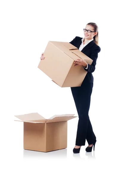 Donna donna d'affari con scatole su bianco — Foto Stock