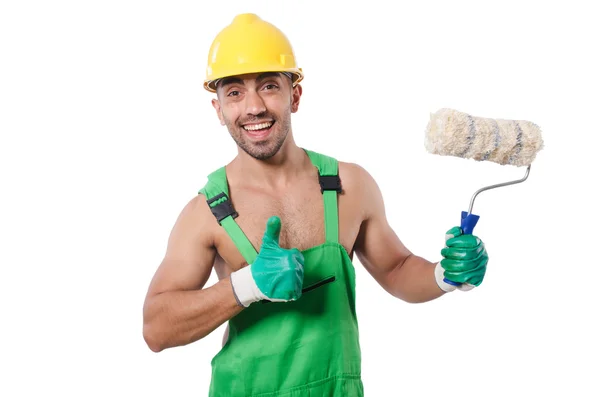 Painter in green coveralls on white — Stock Photo, Image