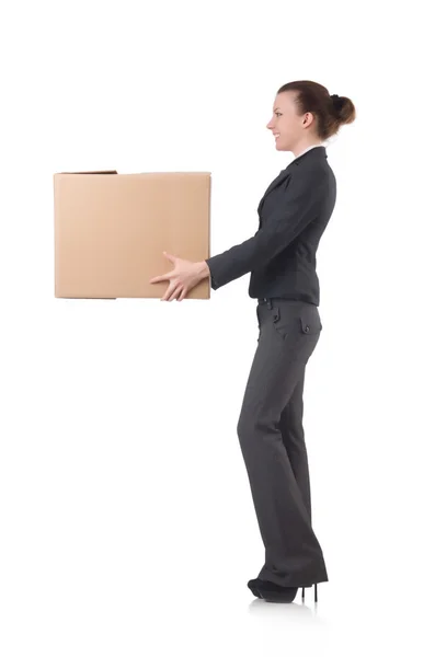 Mujer mujer de negocios con cajas en blanco — Foto de Stock