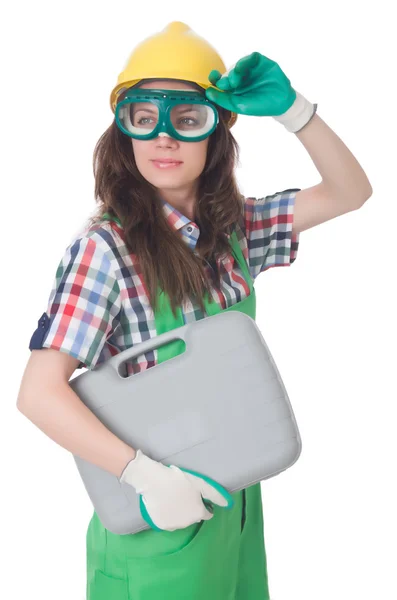 Young woman with toolkit on white — Stock Photo, Image