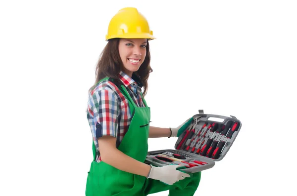 Jeune femme avec boîte à outils sur blanc — Photo