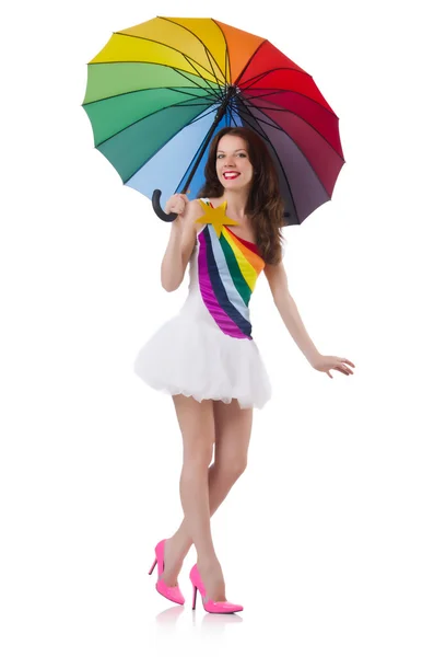 Femme avec parapluie isolé sur blanc — Photo
