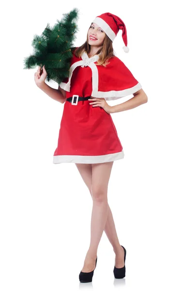 Junge Frau im roten Weihnachtsmannkostüm auf weißem Grund — Stockfoto
