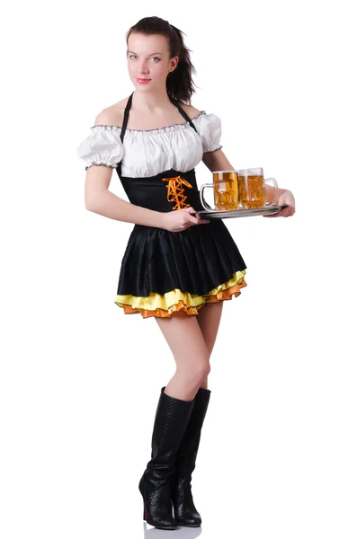 Young waitress with beer on white — Stock Photo, Image