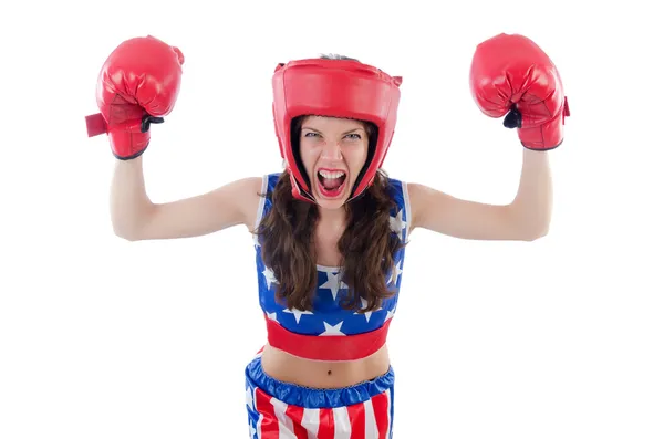 Vrouw bokser in uniform met Amerikaanse symbolen — Stockfoto