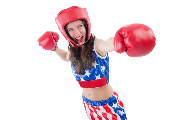 Vrouw bokser in uniform met Amerikaanse symbolen — Stockfoto