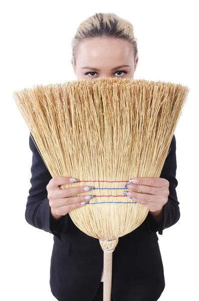 Femme d'affaires avec brosse isolée sur blanc — Photo