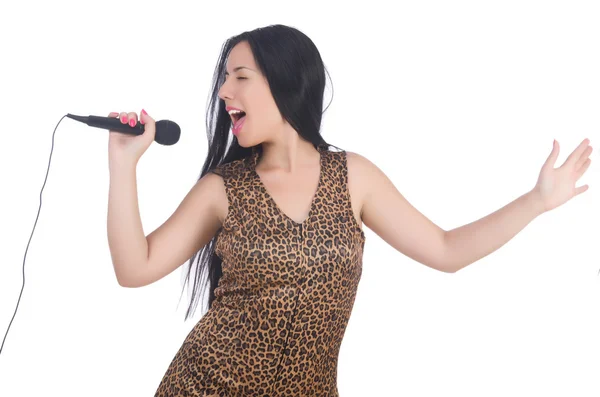 Woman singer with microphone on white — Stock Photo, Image