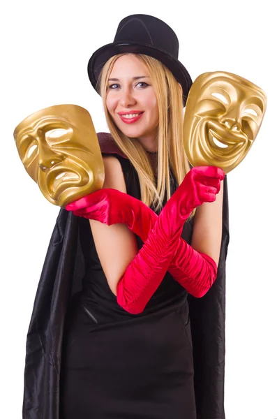 Mulher com duas máscaras isoladas em branco — Fotografia de Stock