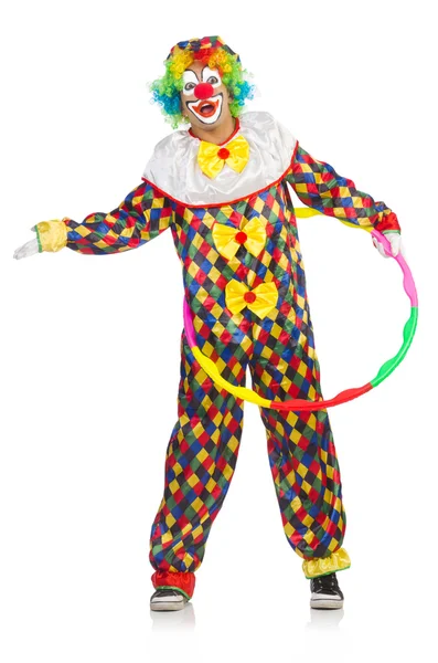 Clown mit Hula-Hoop-Reifen isoliert auf weiß — Stockfoto