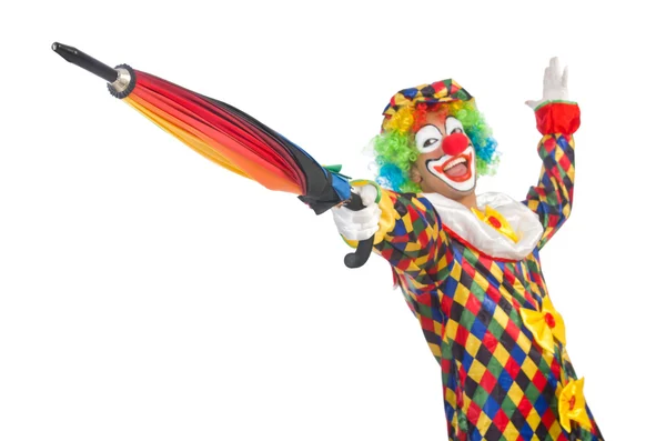 Clown med paraply isolerad på vitt — Stockfoto