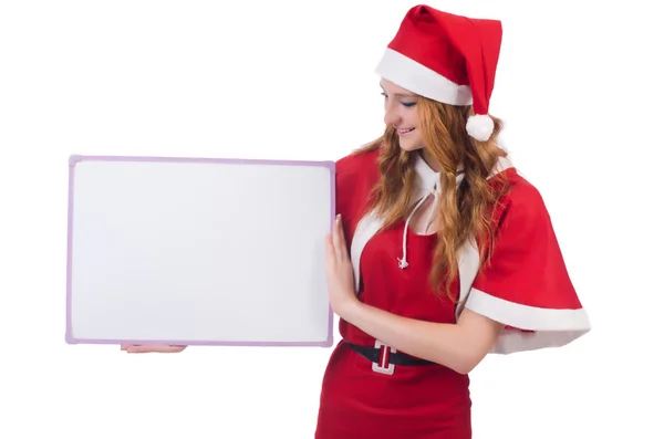 Mladá žena v červeném kostýmu Santa s prázdnou deskou — Stock fotografie