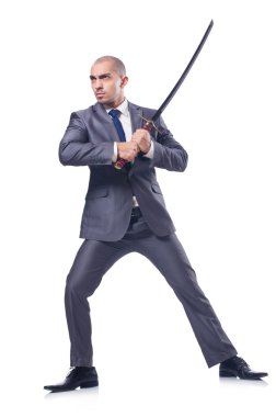 Kılıçlı bir iş adamı beyazlar içinde.