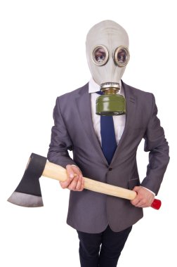 gaz maskesi üzerine beyaz izole iş adamı