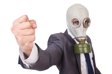 gaz maskesi üzerine beyaz izole iş adamı