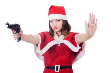 Beyaz üzerine kırmızı Noel Baba kostümü giymiş genç bir kadın.