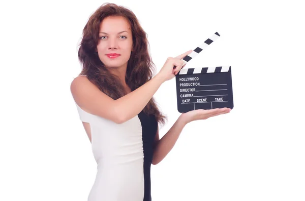 Woman with movie board isolated on white — Stock Photo, Image