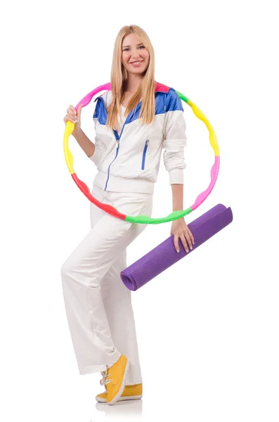 Young woman with hula hoop on white — Stock Photo, Image