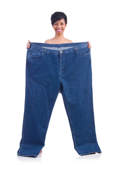 Mujer en concepto de dieta con jeans grandes —  Fotos de Stock