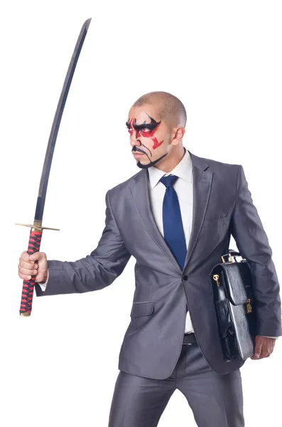 Uomo d'affari con spada isolata su bianco — Foto Stock