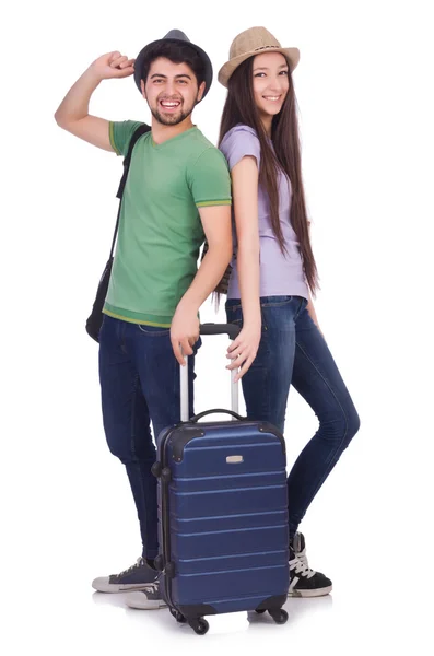 Students ready for travel on white — Stock Photo, Image