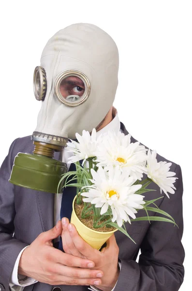 Zakenman dragen van gas masker geïsoleerd op wit — Stockfoto